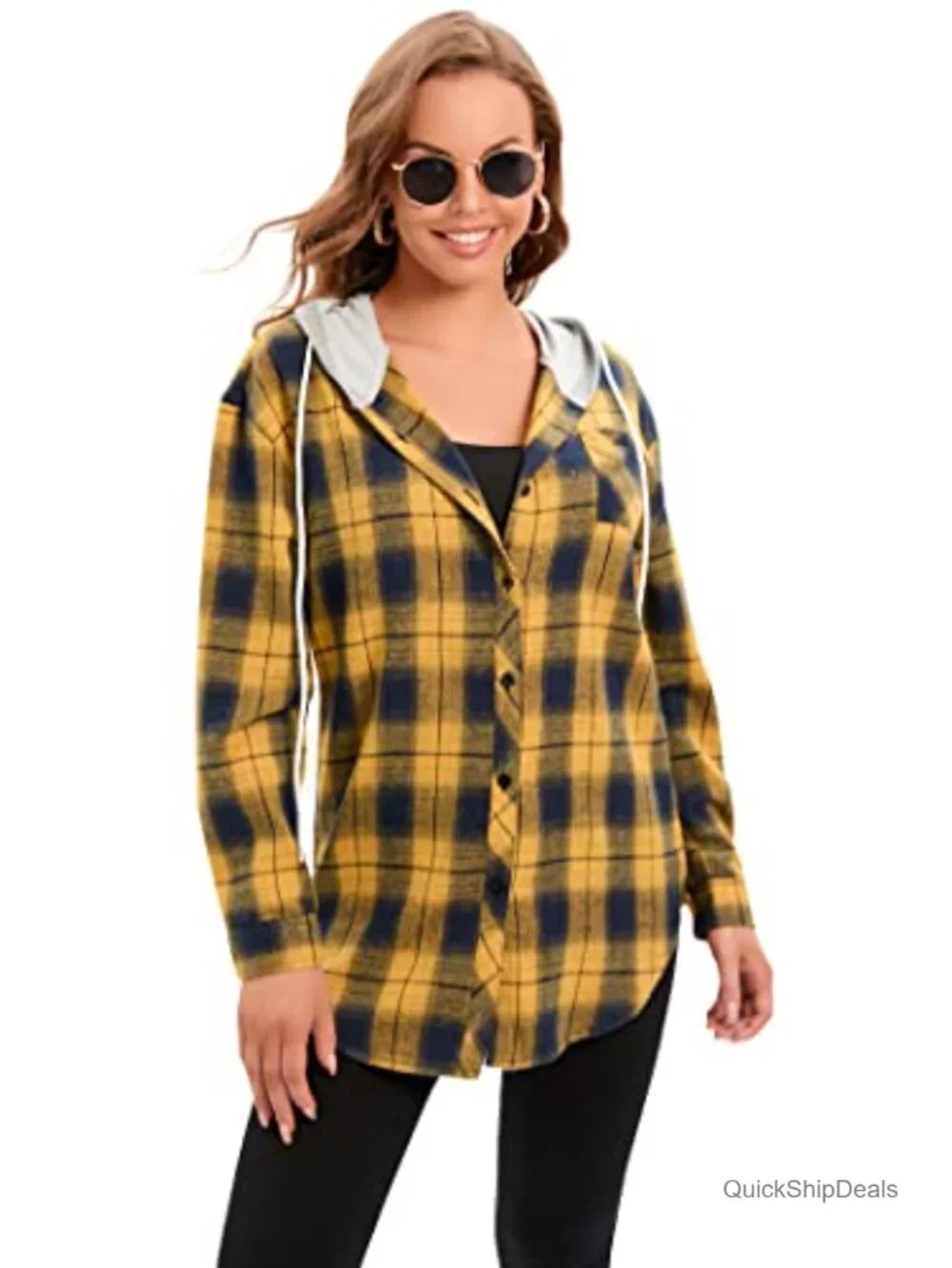 Women's Plaid Flannel Hoodie Shirt Jacket Button Down Long Sleeve Oversized